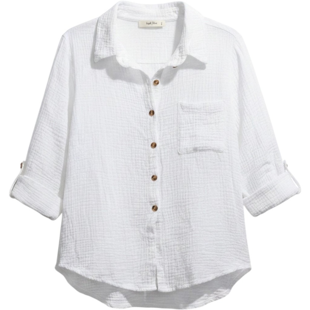 CLEARANCE-Wild Love White Double Gauze Cotton Button Down Shirt Top Womens L